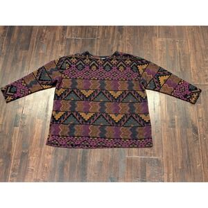 Vintage Loom Wear Sweater Womens Large Black Purple Aztec Pullover Made USA 90s